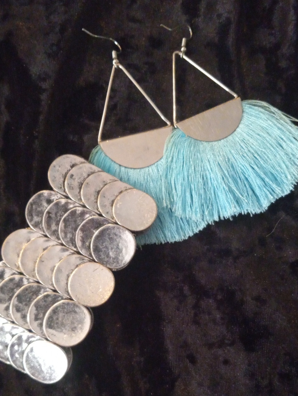Turquoise Fringe Triangle Drop Earrings & Coin Bracelet